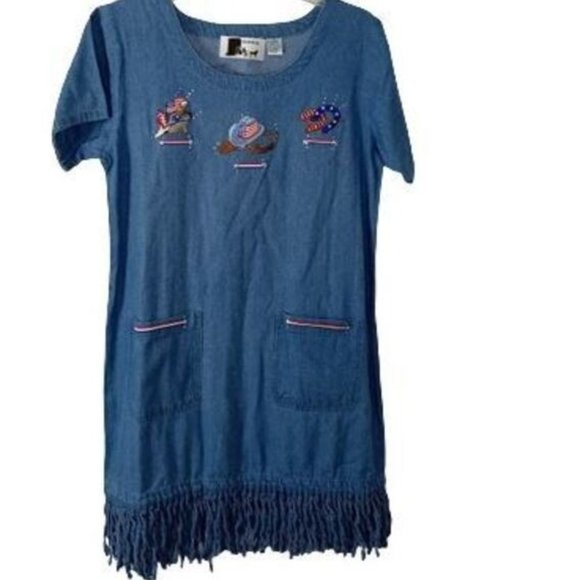 Vintage Shipshe Fringed Hem Denim Cowgirl Dress - Picture 1 of 4
